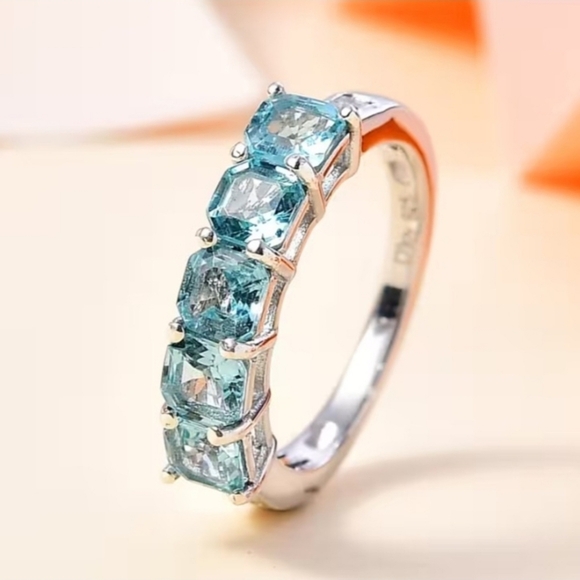 Genuine 5 Stone Apatite Ring Sterling Silver Rhodium Overlay Size 7! New - Picture 6 of 14